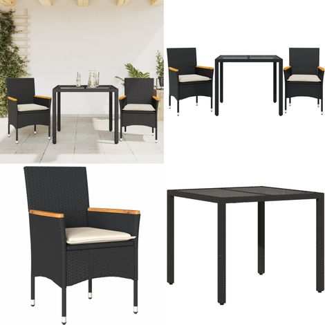 3-tlg. Garten-Essgruppe mit Kissen Schwarz Poly Rattan Glas - Gartenmöbel Set - Outdoor Möbel - Esstisch - Gartenstühle - Rattan Gartenmöbel - Home & Living (1/5)