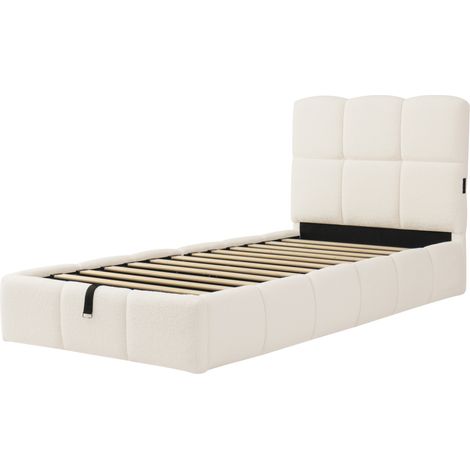 Gepolstertes Kinderbett 90 x 200 cm mit Lattenrost, Hydraulikstauraum & USB-C, beige Bouclé (1/5)