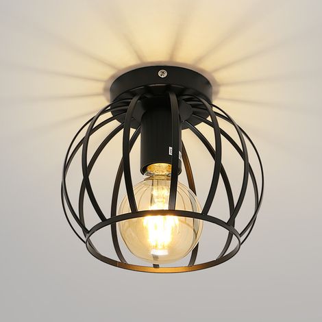 GOECO Plafonnier semi-encastré industriel, abat-jour en cage métallique noire, lampe de plafond rétro E27 pour couloir (Ampoule non incluse) (1/5)
