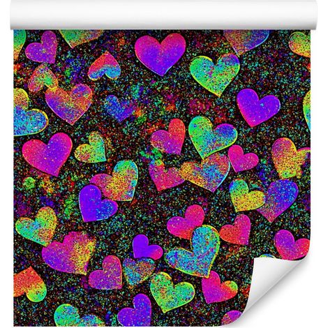 Papel pintado de corazones con purpurina neón, morado y burdeos, 50x1000 cm. (1/5)