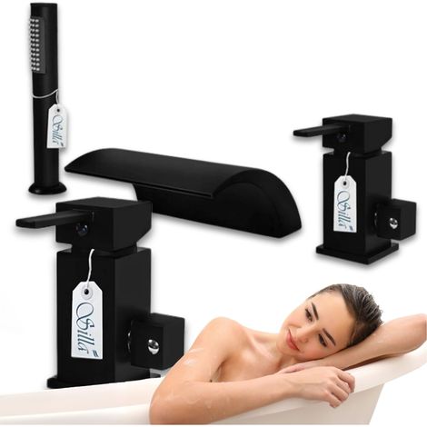 Robinet de baignoire sur plage 3 trous Silla, mitigeur bain en laiton, installation facile, design moderne, Noir mat (1/5)