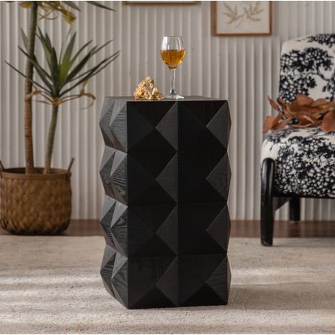 Tavolino laterale altezza 60 cm nero in legno massello e MDF con rilievo 3D, pronto all’uso (1/5)