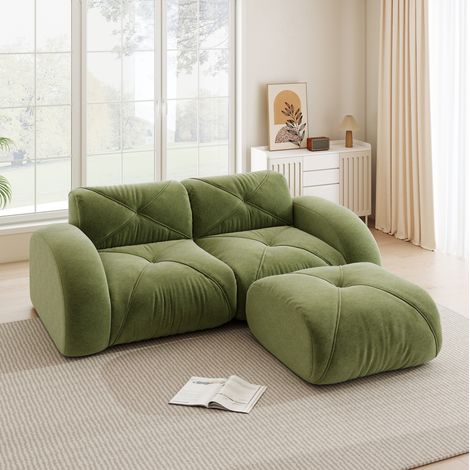 Divano modulare 2 posti con pouf, schiuma 32D, rivestimento in ciniglia verde HAVRYA (1/5)
