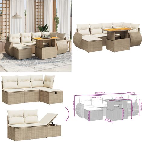 Salon de jardin avec coussins 7 pcs beige résine tressée - Ensemble Salon De Jardin - Mobilier Extérieur - Résine Tressée - Rotin Synthétique - Table Extensible - Home & Living (1/5)