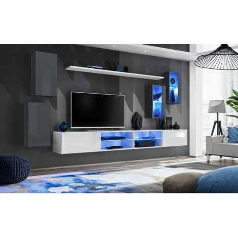 Ensemble meuble TV mural Switch XXV - L 280 x P 40 x H 140 cm - Blanc et gris - Livraison gratuite
