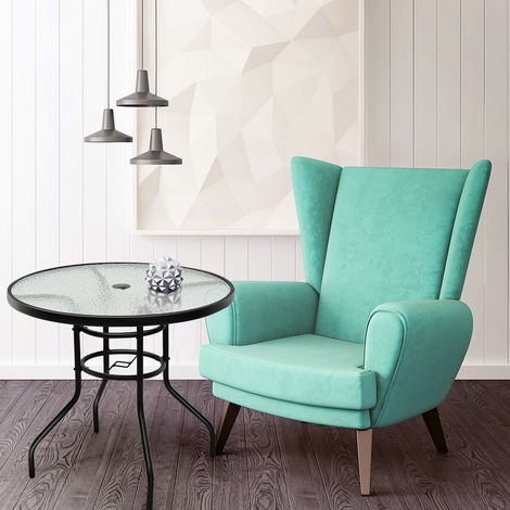 Table de Jardin Ronde Plateau en Verre Trempé avec Trou de Parasol 4 Cm Capacité 80 Kg en Métal 80x80x72cm Noir (1/3)