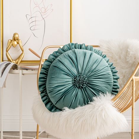 Coussin rond en velours à fleurs froncées - Housse décorative pour canapé