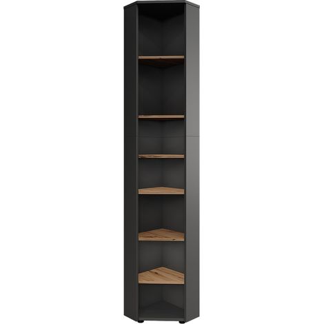 Armario alto esquinero Irma, Antracita/Roble dorado, 33 x 192 cm 7 compartimentos, Vicco