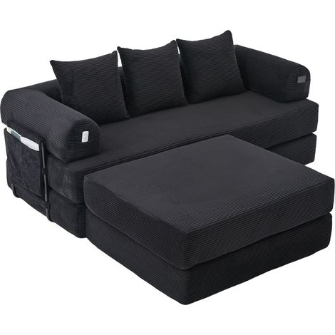 Canapé modulaire compressé en velours côtelé avec pouf, cadre métallique stable, poche latérale et 3 coussins confortables – rembourrage extra épais pour plus de confort, modulable et polyvalent. Noir (1/5)