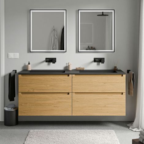 BERNSTEIN - Meuble double vasque suspendu salle de bain MDF Chêne miel, lavabos fonte minérale Noir mat sans trou robinet, tiroirs passe-main pivotants - 160x46x62cm - VIREO Chêne Miel doré, Noir mat 