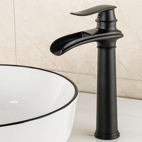 Robinet Mitigeur Lavabo en Laiton Massif Style Antique, Noir Mat Hauteur Élevée, Robinetterie Salle de Bain Européenne avec Flexible d'Arrivée d'Eau-lsw