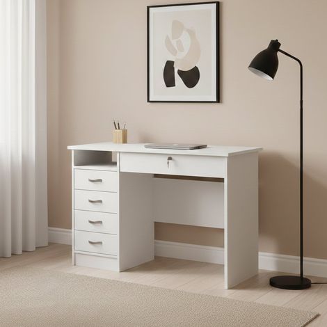 Dmora – Bureau droit 5 tiroirs blanc – Dimensions 109 x 75 x 48 cm – Glissières métal – Résistant aux chocs et rayures (1/5)