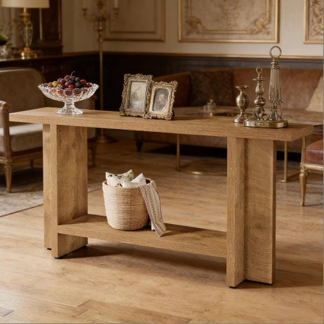 Table console 150x30x80 cm en MDF marron, avec rangement pour entrée et salon FloraGrace (1/5)