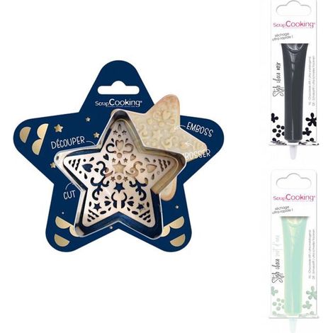 Kit pour biscuit en relief Étoile + 2 Stylos au chocolat noir et vert d'eau (1/2)