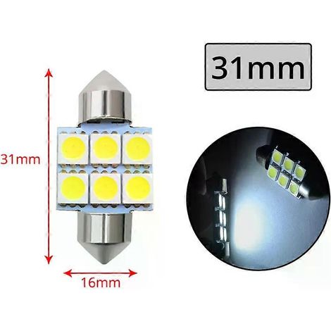 1 ampoule LED blanche pour voiture, 31 mm, 36 mm ou 39 mm, C5W 5050 6SMD, 12 V CC, pour éclairage intérieur (festoon, plafonnier, lampe de lecture de plaque d'immatriculation, ampoule pour bagages).