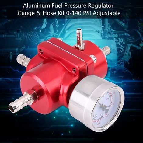 Régulateur de pression de carburant universel en aluminium avec manomètre et flexible, réglable 0-140 PSI, rouge, kit complet (1/5)