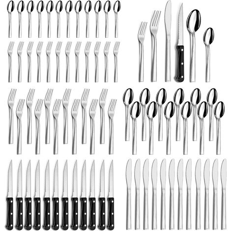 Couverts de table, Hunnycook 72 pièces Couverts avec couteau à steak, Set de couverts en acier inoxydable avec couteau fourchette cuillère pour restaurant/fête/mariage, lavable au lave-vaisselle (1/5)