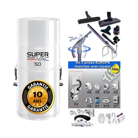 Aspirateur central à sac HAYDEN SuperVac 50 GARANTIE 10 ANS (jusqu’à 250 m²) + trousse inter 9 ML + 8 accessoires + kit 3 prises + kit prise balai + kit prise garage (1/5)