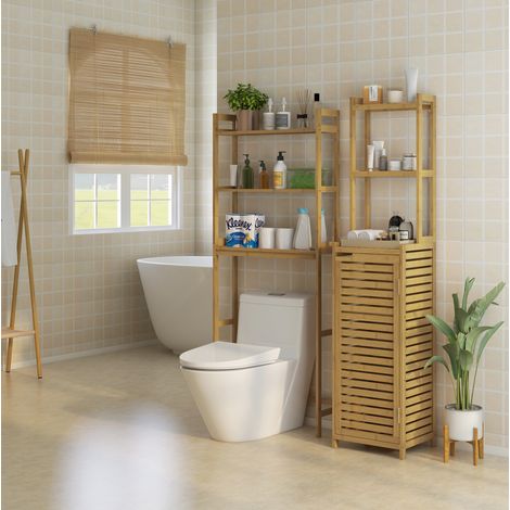 Scaffale da bagno sopra WC in bambù color legno naturale, 68 cm, 3 ripiani con kit antiribaltamento (1/5)