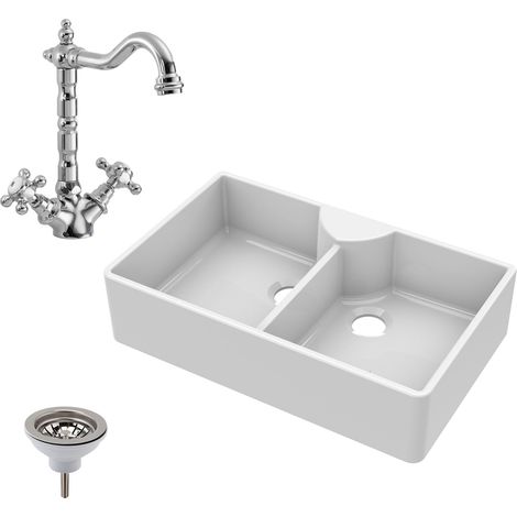 Fireclay Double Bowl Butler Kitchen Sink - 895mm Stepped Weir with Classic Tap & Wastes - Elegant Ceramic Design (1/5)