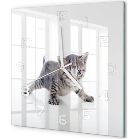 Horloge Murale Carrée Moderne Verre Trempé Quartz Silencieux Sans Tic-Tac Petit chat 30x30 cm (1/5)