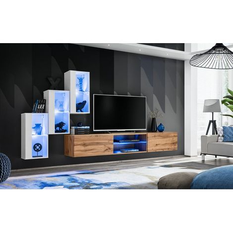 Ensemble meuble TV mural Switch XXII - L 240 x P 40 x H 170 cm - Blanc et marron - Livraison gratuite