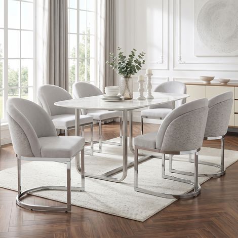 Juego de 6 sillas de comedor de chenilla gris y plata con respaldo doble, patas metálicas galvanizadas (1/5)