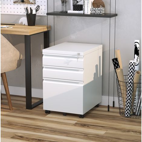 Cajonera de oficina con ruedas 3 cajones con cerradura acero blanco 39x48x60 cm DESVIAE (1/5)