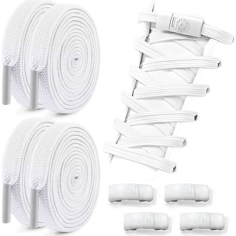 Lot de 2 paires de lacets élastiques sans nouage, blancs avec capsules métalliques, cordons à fermeture rapide pour adultes et enfants (1/5)