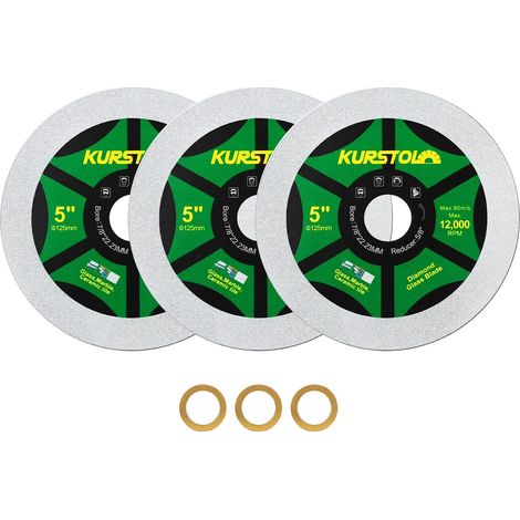Diamond Glass Disc - 125mm x 3 Diamond Cutting Discs for Glass, Jade, Crystal, Wine Bottle, Ceramic Tile, with 22.25-15.8mm Bore (1/5)