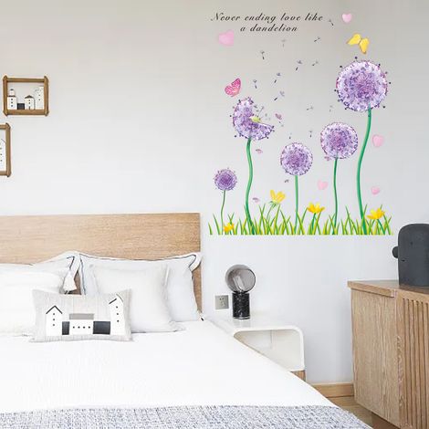 Lot de 2 stickers muraux pissenlit pour salon, fleurs, chambre, chambre d'enfant, autocollant pour fenêtre, violet, plantes pour la cuisine et la salle de bain (1/5)
