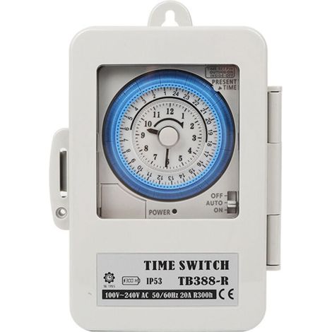 Mechanical timer, time switch, TB388, PC, waterproof, 24 hours, daily programmable, water heater lighting timer, AC 100-250V, 20A (1/4)