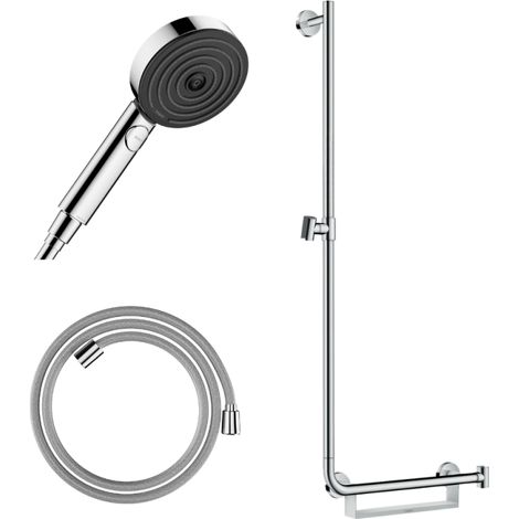 Barre de douche PMR HANSGROHE Unica 110 poignée à droite Chromé + Pommeau de douche Pulsify 3 jets + flexible Designflex 160cm