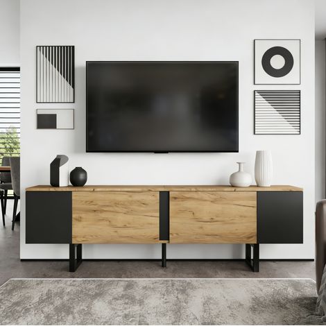 Meuble TV en panneaux de particules bois naturel et noir 180,0x40,0x55,0 cm, 2 portes, rangements ouverts, jusqu'à 75 pouces (1/5)
