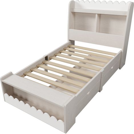 Letto per bambini 90 x 200 cm con cassetti, ripiani e panca contenitore, legno bianco e rovere (1/5)