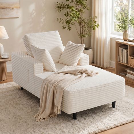 Canapé convertible 1 place en velours côtelé – Canapé-lit avec accoudoirs et coussins – Pieds de soutien stables – Sans montage – 160x105 cm – Design élégant – Beige (1/5)