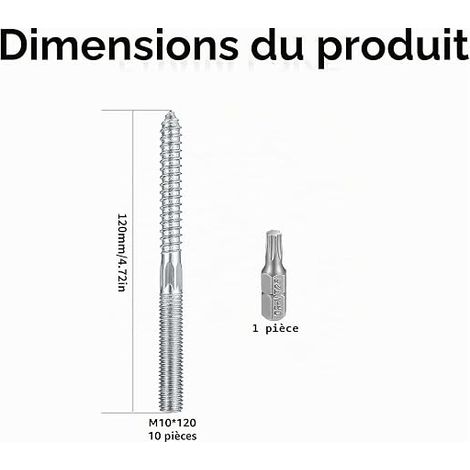 Boulons de Suspension M10x120mm, Vis Double Filetage Bois (1/4)