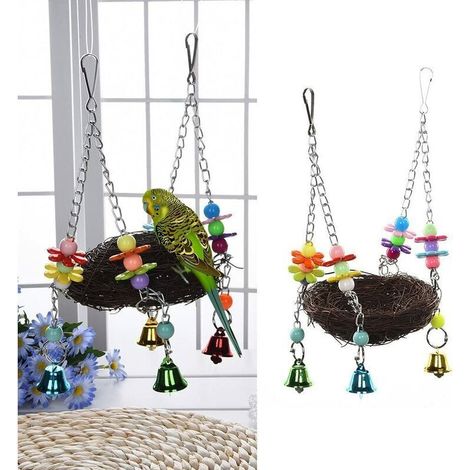 Vogelschaukel – Naturrattan – mit Glöckchen und Sitzstange – für Papageien / Sittiche / Nymphensittiche / Finken / Kakadus / Aras / Graupapageien (1/2)