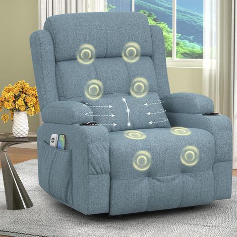Fauteuil de détente, fauteuil TV, fauteuil de massage électrique inclinable avec fonction chauffante, repose-pieds, 2 poches latérales, porte-gobelet, ports USB et Type-C, tissu bleu (1/5)