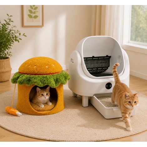 Set Smart Cat Comfort (2 pezzi) – Cuccia a forma di grotta per gatti “Hamburger” e lettiera autopulente controllabile tramite app (1/5)