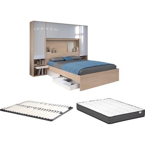 Vente-Unique – Lit pont 140 x 190 cm avec rangements – 2 tiroirs – cadre à lattes – avec matelas et LEDs – coloris naturel et blanc brillant
