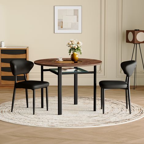 Ensemble repas design moderne : table circulaire 100 cm effet bois, 2 chaises fauteuils en mousse polyuréthane noire, dossier galbé, idéal pour cuisine et salle à manger. (1/5)