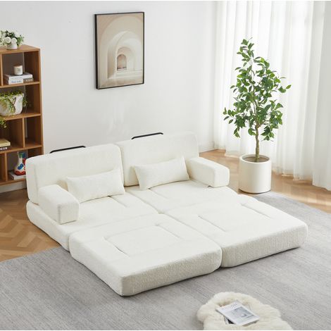 MODFU – Sofá cama tipo banco modular 2-en-1 de chenilla con respaldo alto, convertible sin herramientas, correas de unión y estructura de hierro para estudio – Beige (1/5)