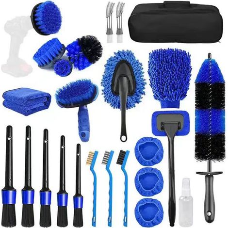 26Pcs Lot de Brosse Nettoyage Voiture,Pinceau Detailing Auto,kit de détail de voiture,Kit de Brosse Nettoyage Voiture Interieur Exterieur,Brosse Nettoyage Perceuse Électrique,Brosse de Jante Voiture