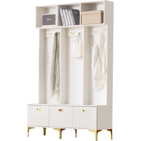 Mueble de Entrada con Banco, 6 Ganchos, Almacenamiento Abierto y Arcón, para Recibidor, en Tablero de Partículas, 120×23.5×191.5 cm, Blanco (1/5)