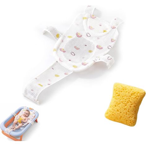 Ensemble Transat de Bain et Éponge pour Nourrisson, Coussin Baignoire Antiglissant avec 5 Sangles Réglables, Filet Respirant en Coton Doux, Maintien du Dos et de la Tête (1/5)