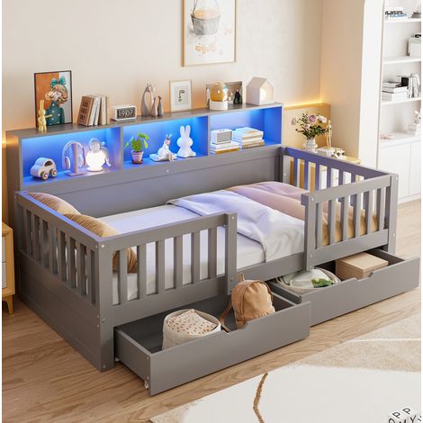 Letto per bambini 90 x 200 cm con sponda di sicurezza, 2 cassetti, mensole e LED, grigio (1/5)