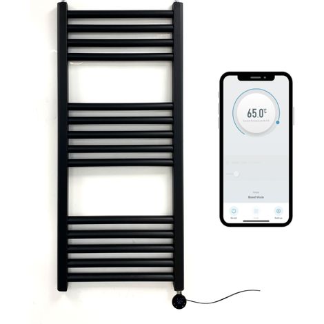 Black Electric Smart WiFi Controlled Heated Towel Rail 400mm W x 800mm H Straight 7 Day Programmable Timer App Compatibility (1/5)