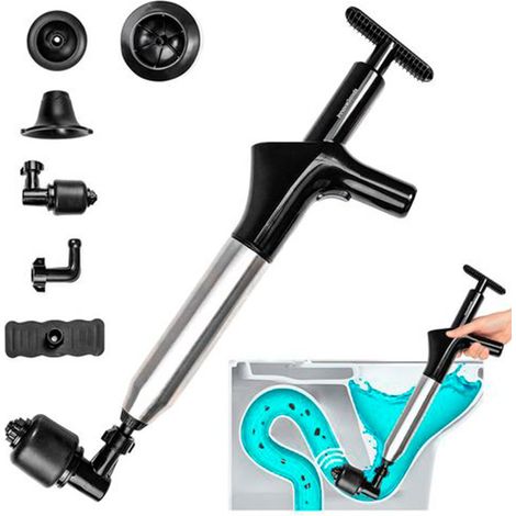 Desatascador de desagües y tuberÃas con aire comprimido que incluye 7 accesorios y es apto para todo tipo de inodoros, fregaderos, lavabos, etc.
Est