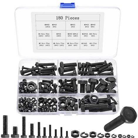 180 Pcs Boulons M4 M5 M6 M8 M10, Boulons et écrous, Vis à Tête Hexagonale et écrous avec Rondelles, Vis à Six Mécaniques Noirs pour Meubles Voitures Vélos (1/5)